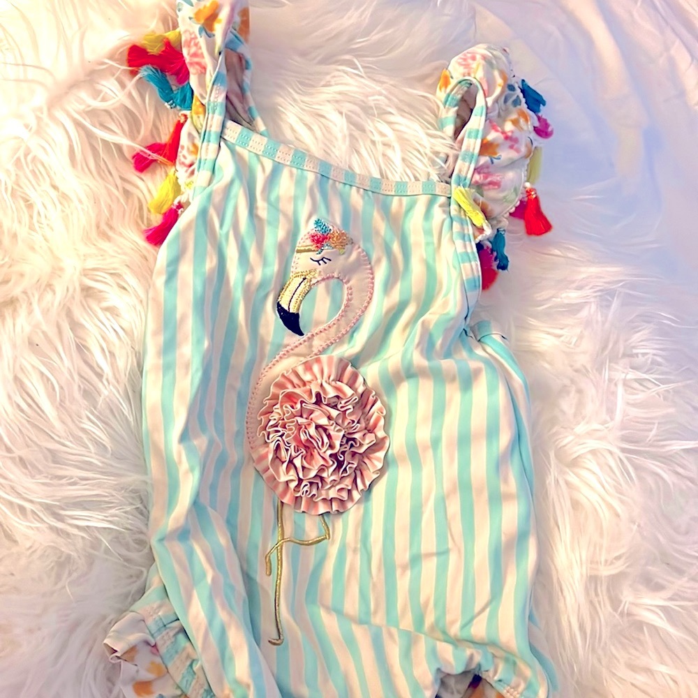 Flamingo Tassels And Ruffles Girls Swim Suit, Bathing Suit by Mud Pie EUC 👙